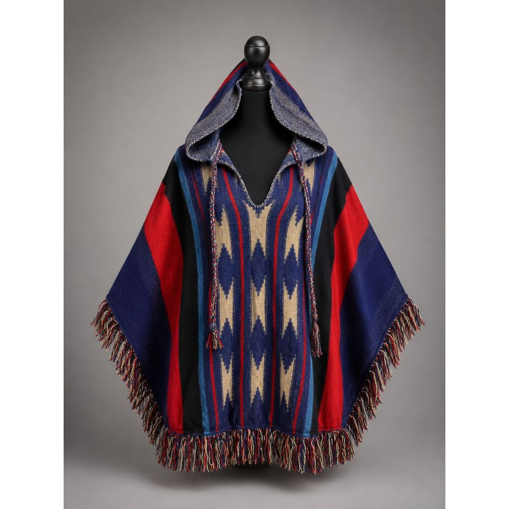 Handmade Baja Hoodie Poncho Fringe Hooded Boho Hippie Festival Sweater OS